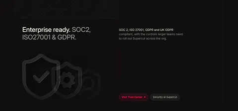 Supercut security section: two-tone headline at left, compliance copy at right, outlined shield icons and Trust Center buttons