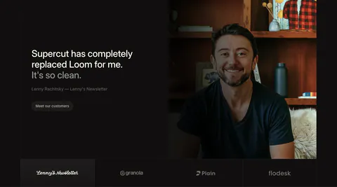 Supercut testimonials section: large quote and Meet our customers button at left, portrait photo at right, four logo tiles below