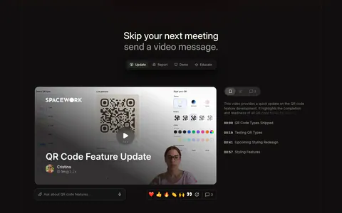 Supercut use cases section: centered headline with Update, Report, Demo, Educate tabs above a video message player with chapter list