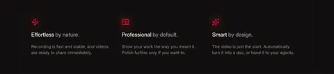 Supercut value proposition section: three columns with red glowing icons, short benefit headings and copy on a dark background