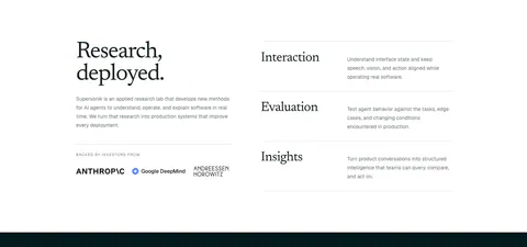 Supersonik about & mission section: serif headline, lab description and investor logos at left, three research areas listed at right