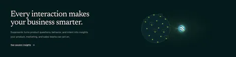 Supersonik features section: serif headline and link at left, glowing sphere of chat bubbles linked to a logo at right on dark teal