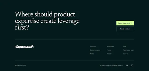 Supersonik footer section: large serif question with two CTA buttons above a wordmark, three link columns and copyright on dark teal