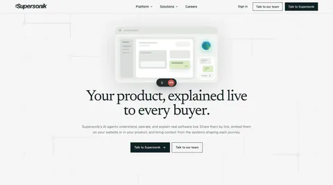 Supersonik hero section: centered serif headline and two CTAs below a soft UI mockup with call controls on a light grid background