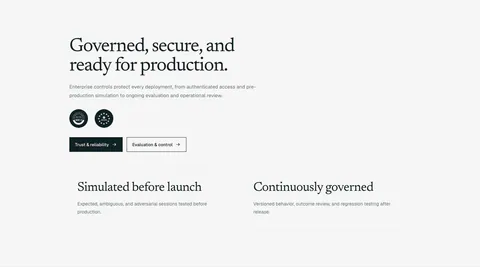 Supersonik security section: serif headline, copy, SOC 2 and GDPR badges and two buttons above two governance points on light gray