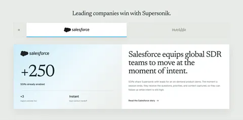 Supersonik testimonials section: customer logo tabs above a Salesforce case study card with a large +250 metric and serif story headline