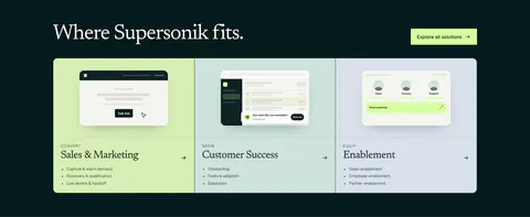 Supersonik use cases section: serif headline over three pastel panels for sales, customer success and enablement with UI sketches