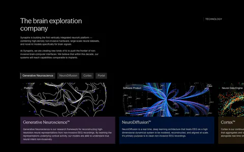 Synaptrix features section: heading and intro copy above a tab bar and cut-off product cards with neural data visualizations on black