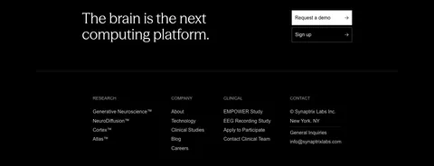 Synaptrix footer section: closing headline with demo and sign-up buttons above four link columns on a black background