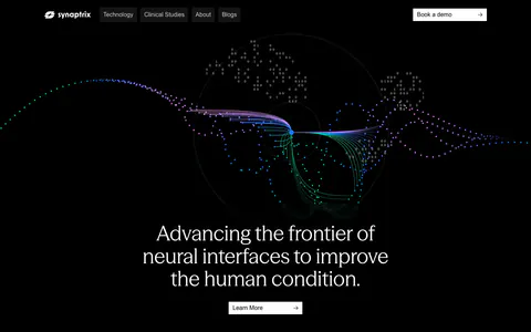 Synaptrix hero section: centered headline below a colorful particle neural-wave visualization on a black background with top nav