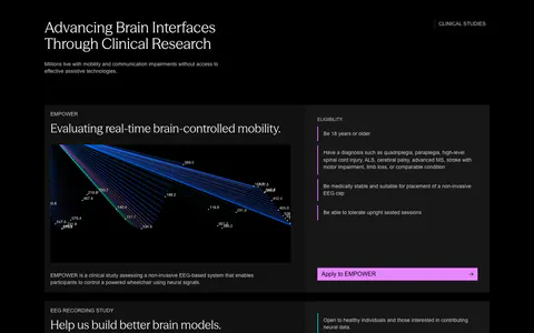 Synaptrix other section: two stacked clinical study cards with line visualizations, eligibility lists and colored apply buttons on black