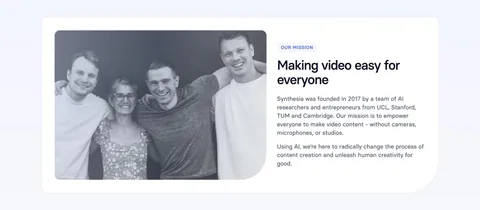 Synthesia about & mission section: black-and-white founders photo on the left with mission label, headline and paragraphs on the right