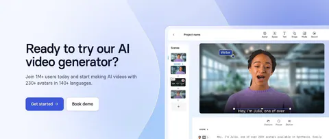 Synthesia call-to-action section: headline with two buttons on the left and a video editor UI screenshot on a lavender-blue gradient right
