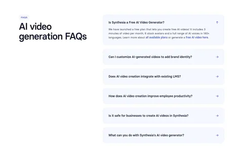 Synthesia FAQ section: headline on the left with an accordion of pale blue question rows on the right, white background