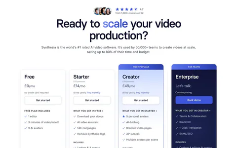 Synthesia pricing section: centered headline with G2 rating above four plan cards, a navy enterprise card and a customer logo row