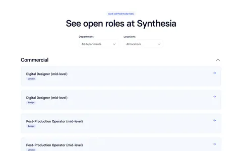 Synthesia careers section: centered headline with department and location dropdowns above a list of open role rows on white