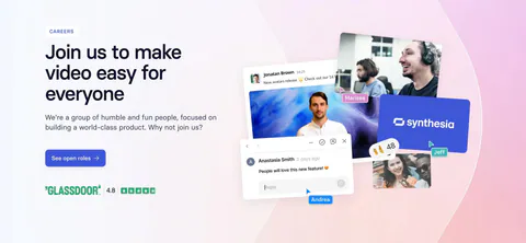 Synthesia call-to-action section: careers banner with headline and blue button left, collage of team photos and chat UI on a pink gradient