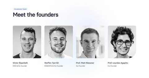 Synthesia team section: left-aligned headline above four black-and-white founder headshot cards with names and titles on white