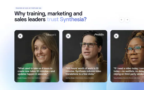 Synthesia testimonials section: headline with arrow controls above a carousel of video testimonial cards with customer portraits and quotes