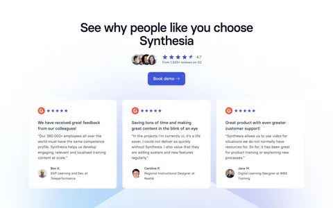 Synthesia testimonials section: centered headline, G2 rating and button above three white G2 review cards with avatars