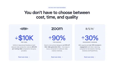 Synthesia value proposition section: centered headline above three pale blue cards with company logos, large ROI metrics and case study links