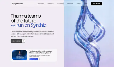 Synthio Labs hero section: split layout with headline, demo button and news card on lavender beside a 3D render of twisting blue cables