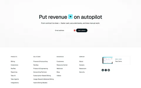 Tabs footer section: centered headline and email demo field on a dot grid, link columns, demo video card and huge faded tabs wordmark
