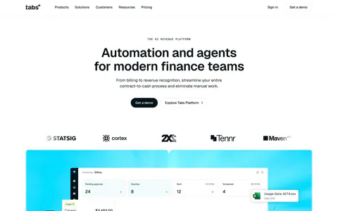 Tabs hero section: centered headline with two buttons, customer logo row and a billing dashboard screenshot on a bright cyan panel