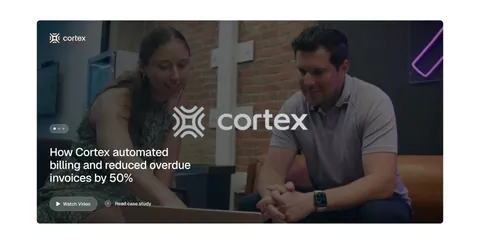 Tabs testimonials section: full-width case study card with an office photo of two people, Cortex logo, headline and watch video button
