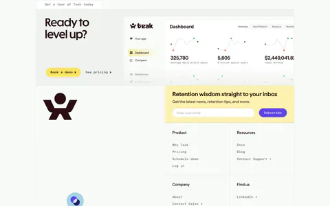 Teak call to action section: headline and buttons beside a dashboard screenshot, then email signup, link columns and round color icons