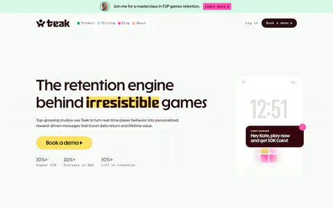 Teak hero section: left-aligned headline with yellow CTA and stats, phone push notification mockup at right, studio logo row below