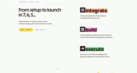 Teak how it works section: headline and demo button in a bordered box at left, three stacked step cards for integrate, build, execute