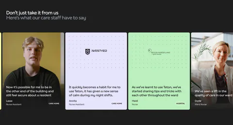 Teton testimonials section: two-tone headline over a carousel of quote cards with staff photos and pastel cards on a dark background