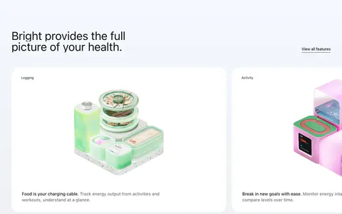 Bright features section: headline with View all link above a carousel of white cards with 3D renders for logging and activity