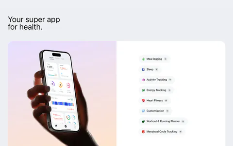 Bright features section: hand holding a phone with the health app on a lavender-peach gradient panel beside a list of feature pills