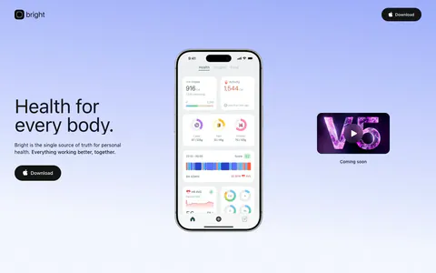 Bright hero section: headline and Download button left, phone app screenshot center and V5 video thumbnail right on periwinkle gradient