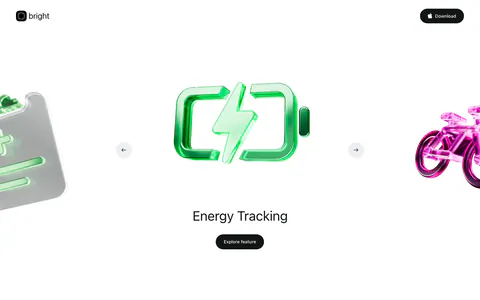 Bright hero section: logo nav above a carousel of glossy 3D icons with a green battery centered, Energy Tracking label and button