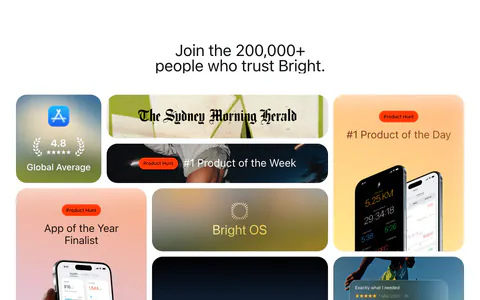 Bright testimonials section: centered headline above a bento grid of App Store rating, Product Hunt awards, press logo and a review card