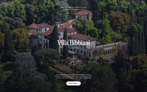 The Real Hotels features section: full-bleed aerial photo of a Tuscan villa with centered serif title, episode note and Learn more button