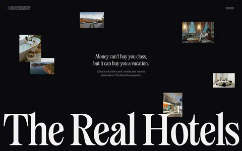 The Real Hotels hero section: scattered hotel photos on black around a centered serif tagline, huge serif wordmark across the bottom
