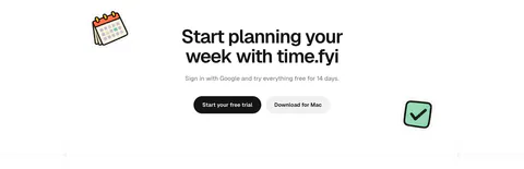 time.fyi call-to-action section: centered headline with trial and Mac download buttons flanked by calendar and checkbox stickers