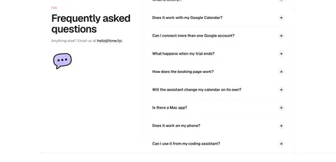 time.fyi FAQ section: left headline with email contact and chat bubble icon beside a right-hand accordion of collapsed questions