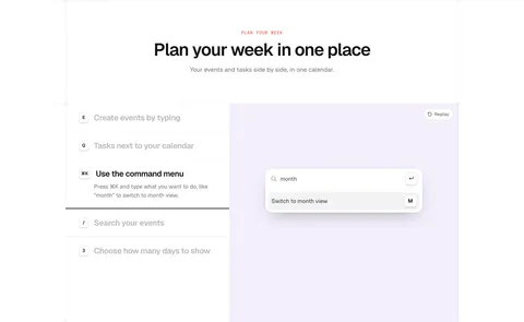 time.fyi features section: centered header above a shortcut feature list on the left and a lavender panel with a command menu UI
