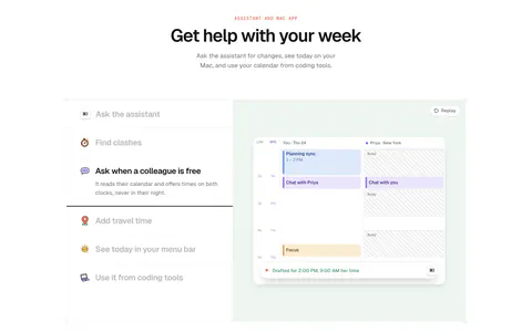 time.fyi features section: centered header above an assistant feature list on the left and a mint panel with a shared calendar UI
