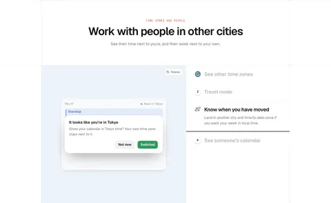 time.fyi features section: centered header above a light blue panel with a time zone prompt UI and a feature list on the right