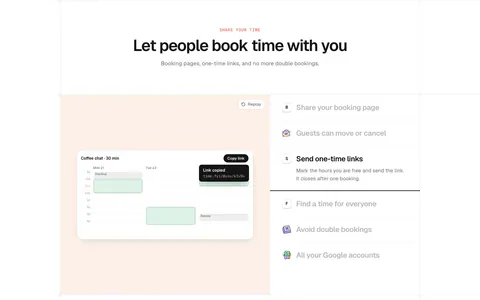 time.fyi features section: centered header above a peach panel with a booking calendar UI and a feature list on the right