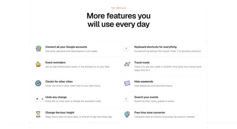 time.fyi features section: centered headline above a two-column grid of ten features with colorful hand-drawn icons