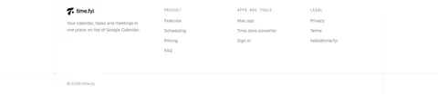 time.fyi footer section: logo and tagline beside Product, Apps and tools, and Legal link columns with a copyright line on white