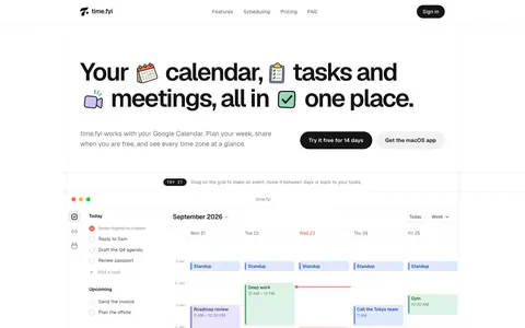 time.fyi hero section: large headline with inline sticker icons and two CTA buttons above an interactive weekly calendar app screenshot