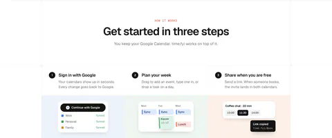 time.fyi how it works section: centered header above three numbered step columns with small UI snippets on pastel panels